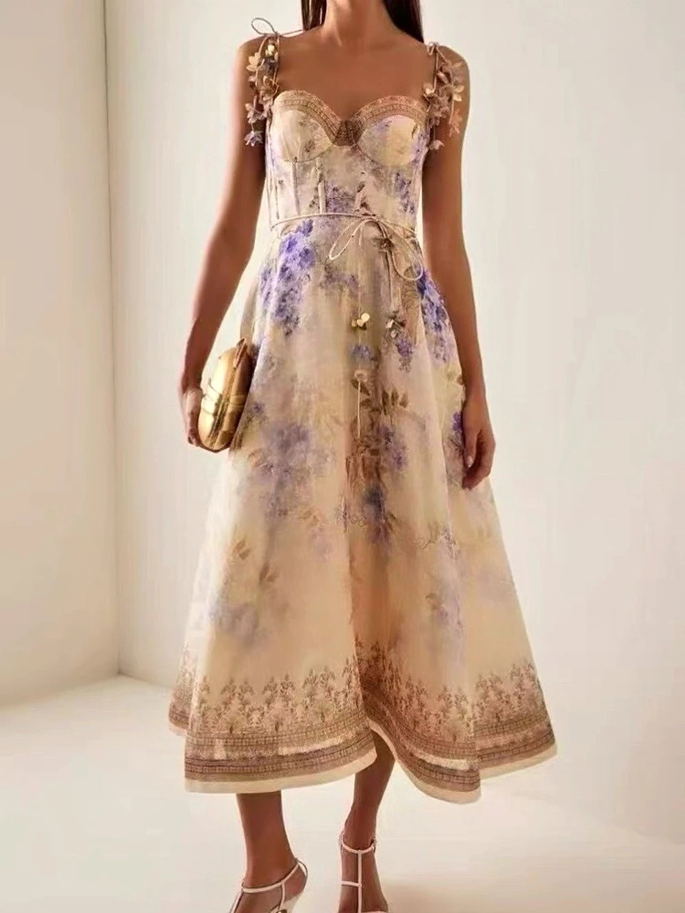 Zimmermann Luna Corset Midi Dress Floral Maxi Dress in Cream & Purple size 0